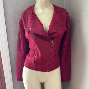 Haute Monde red and black faux snakeskin leather moto jacket. Size small